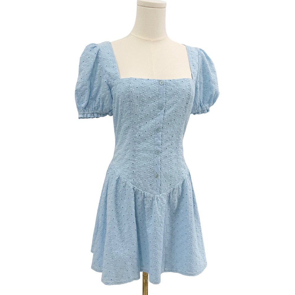 The Frolic Light Blue Eyelet Puff Sleeve Mini Dress Square Neck A131 Size 10